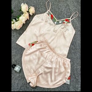 Floral Embroidery Satin Top & Shorts PJ Set